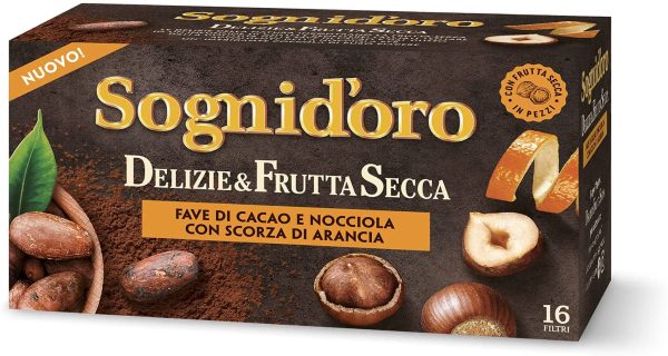 Sogni d'oro Tisana Delizie&Frutta Secca Fave cacao e nocciola con scorza di arancia, Astuccio da 16 Filtri, complemento alimentare, senza calorie. 40 gr - immagine 2