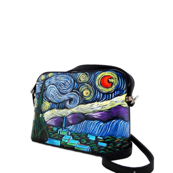 Borsa in pelle dipinta a mano - LA NOTTE STELLATA DI VAN GOGH - Borse Donna, Borse a Spalla, Vera Pelle, Made in Italy, in Pelle Dipinta, Shopper e Borse a Tracolla, Lavorazione Artigianale