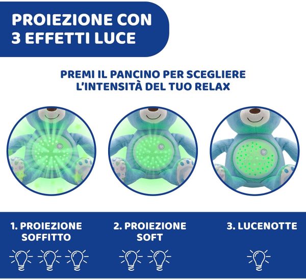 Chicco First Dreams Orsacchiotto Peluche Baby Bear, Soffice Pupazzo Proiettore con Luce Notturna Bambini, Effetti Luminosi e Rilassanti Melodie, Azzurro - Giochi Neonato 0 Mesi + - immagine 2