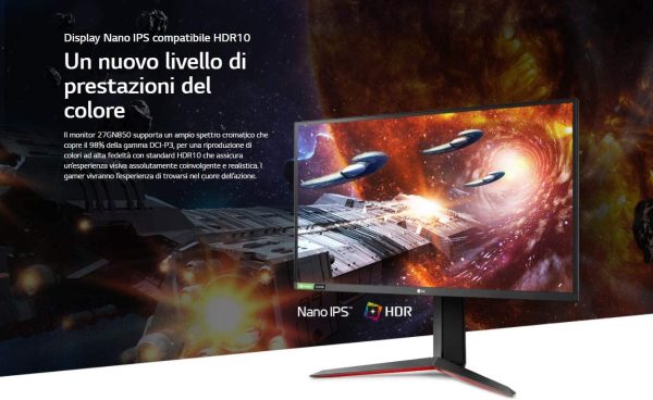 27GN850 UltraGear Gaming Monitor 27" QuadHD Nano IPS 1ms HDR, 2560x1440, G-Sync Compatible e AMD FreeSync 144 Hz, HDMI 2.0, Display Port 1.4, Uscita Audio, Stand Pivot, Flicker Safe, Nero - immagine 2