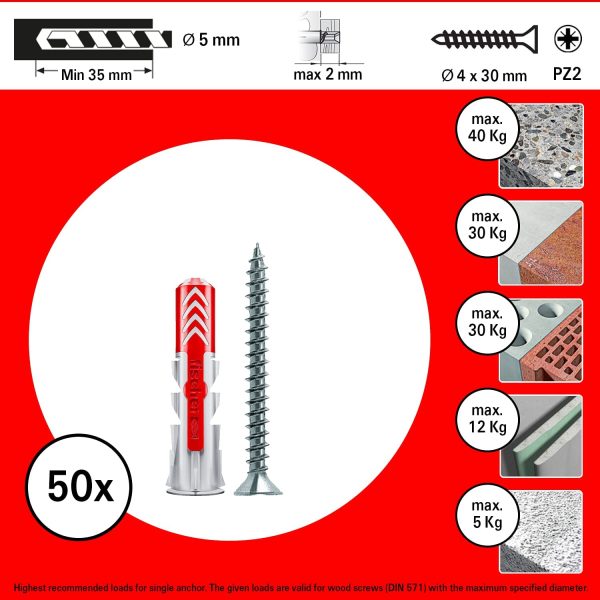 50 Tasselli Duopower con Vite, 5 x 25 mm, per Muro pieno, Mattone Forato, Cartongesso, 544015 - immagine 2