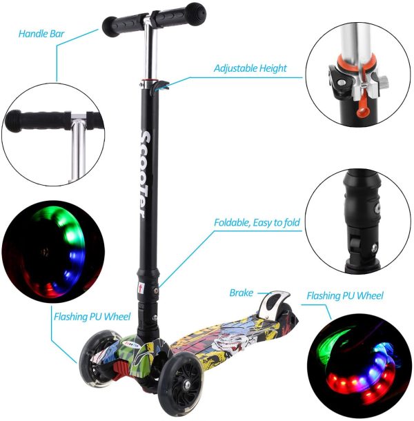 Profun Monopattino Pieghevole con 4 Ruote PU Luminose, Manubrio Regolabile Scooter con Graffiti per Ragazze e Ragazzi dai 3 agli 12 Anni,Carico Massimo 55KG - immagine 8