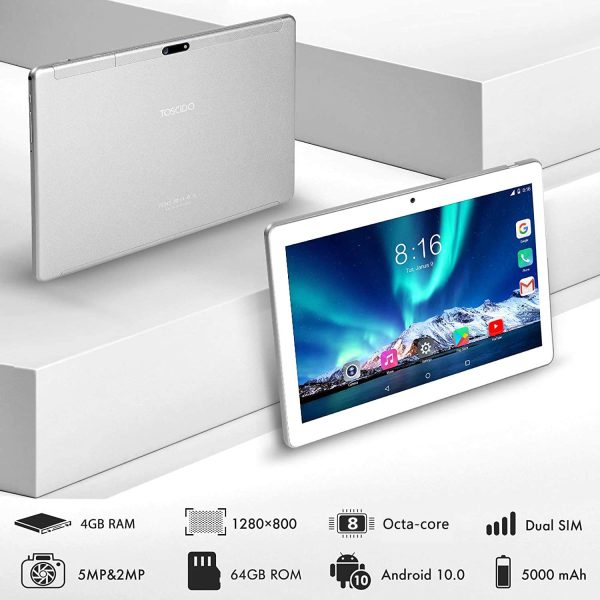 Tablet 10 Pollici 8 Core-  Android 10.0 Certificato da Google GMS Tablet 4G LTE,4 GB di RAM e 64 GB, Doppia SIM,GPS,WiFi,Ttastiera Bluetooth,Mouse,Custodia per Tablet e Altro Incluso - Silver - immagine 7