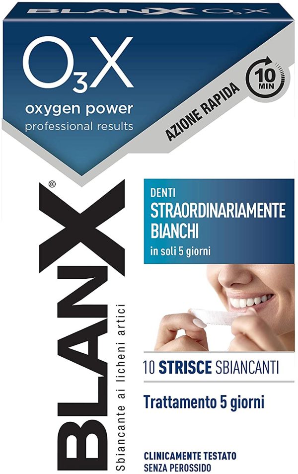 BlanX, O3X Strisce Sbiancanti, Con Ossigeno Attivo e Licheni Artici, Sbiancamento Denti, Denti Straordinariamente Bianchi - 10 Strisce