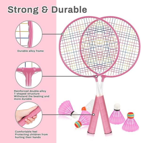 Wikay Badminton Set per Bambini, Portatile Badminton Kit per Bambini 7 in 1 Set di Racchette da Badminton per Bambini Professionisti Giocatori Principianti Giochi Sportivi Genitore-figlio (rosa) - immagine 2