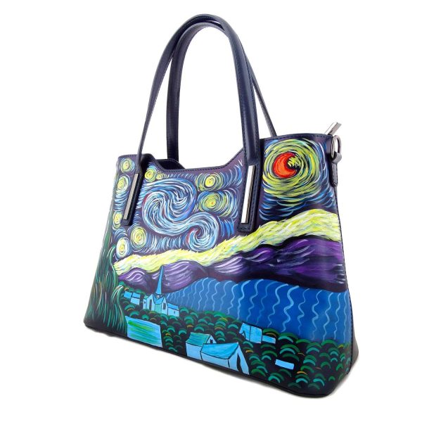 Borsa dipinta a mano ?C LA NOTTE STELLATA DI VAN GOGH - Borse Donna, Tracolla regolabile, Vera Pelle, Made in Italy, in Pelle Dipinta, Borsa a Tracolla a spalla, Lavorazione Artigianale - immagine 2