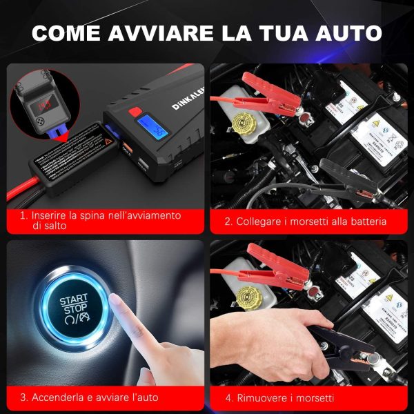 Avviatore Batteria Auto, 800A 12800mAh Portatile Avviatore Emergenza per Auto/Moto (Motori Fino a 6.0L Benzina/5.0L Diesel), Avviatore Auto con QC 3.0 e Tipo C, Torcia a LED, Schermo LCD (N) - immagine 6