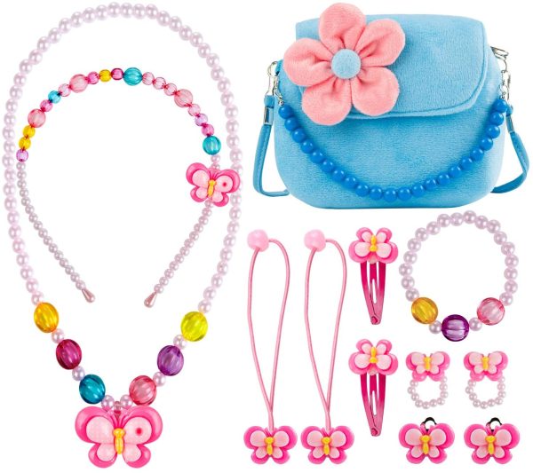 Comius Sharp Girls Princess Borse, Gioielleria per Bambini Bambine Simpatiche Borse, in Peluche con Collana Bracciale Anello e Orecchini Set , Borsetta da Principessa per Vestire fingere (Blue) - immagine 3