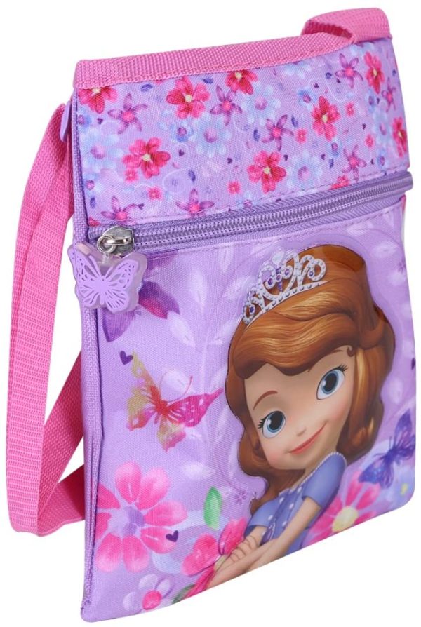 Borsa Tracolla Piatta Rosa Sofia La Principessa da Bambina - Pratica Tracollina Messenger con Farfalle e Fiori su Sfondo Viola - Borsetta Regolabile da Viaggio e Tempo Libero - 17x21 cm - Perletti - immagine 2