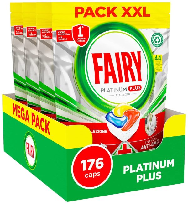 Fairy Platinum Plus Pastiglie Lavastoviglie,176 Lavaggi,4x44Capsule Lavastoviglie,Detersivo Lavastoviglie al Limone, L'Ottima Pulizia Di Fairy Per Stoviglie, Tecnologia Anti-Opaco con Azione Brillante - immagine 4