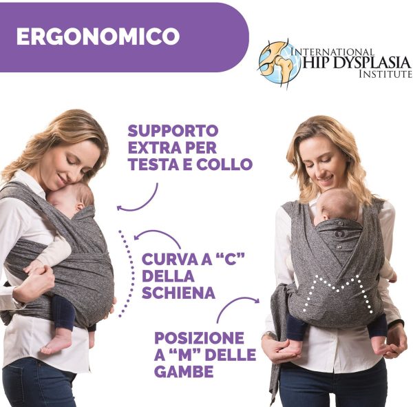 Boppy ComfyFit Marsupio Neonato Ergonomico per Beb?? e Bambini dalla Nascita a 15 kg, Fascia Porta Beb?? Semplice da Indossare, Fascia Neonato Fronte Mamma con Supporto per Testa e Collo - Grigio - immagine 4