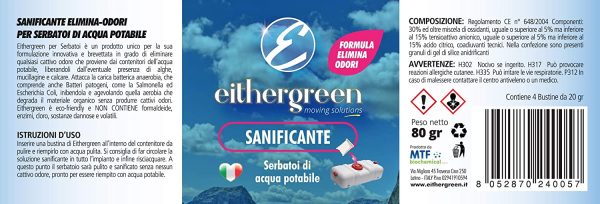 Eithergreen SANIFICANTE - Elimina odori per serbatoi di acqua potabile - Contro cattivi odori, mucillagini e calcare - 4 bustine idrosolubili da 20g - immagine 3