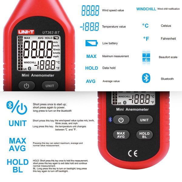 Uni-T UT363BT - Mini Anemometro Bluetooth digitale portatile con termometro e max/min per la raccolta dati meteo e sport all'aria aperta windsurf vela con display LCD retroilluminato - immagine 3