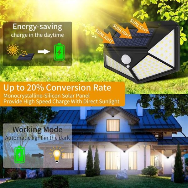 2 Pezzi Luce solare led esterno 100LED 4000lm 270??Angolo Illuminazione 3 Modalit??  Faretti Solari a LED da Esterno con Sensore di Movimento IP65 Impermeabile (2 Pezzi) - immagine 7