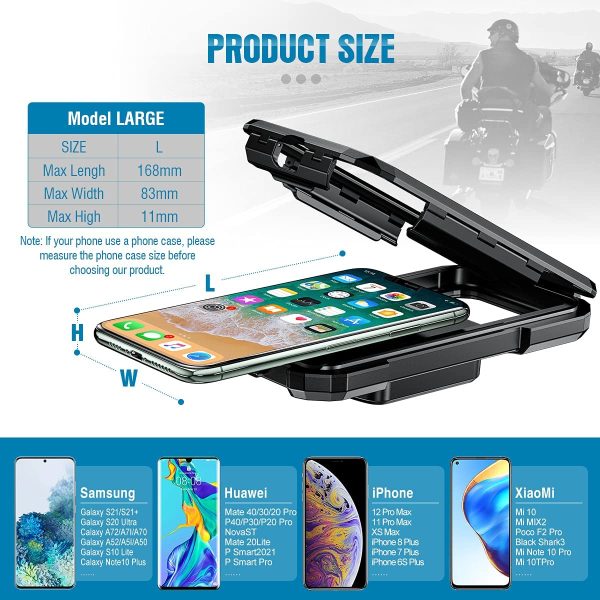 Porta Cellulare Moto Impermeabile 360 Gradi Supporto Smartphone Moto Specchietto con Sensibile Toccare Schermo/ID Anti-shake Porta Telefono Moto Scooter per telefono Fino a 6,8 Pollici Nero, L - immagine 4