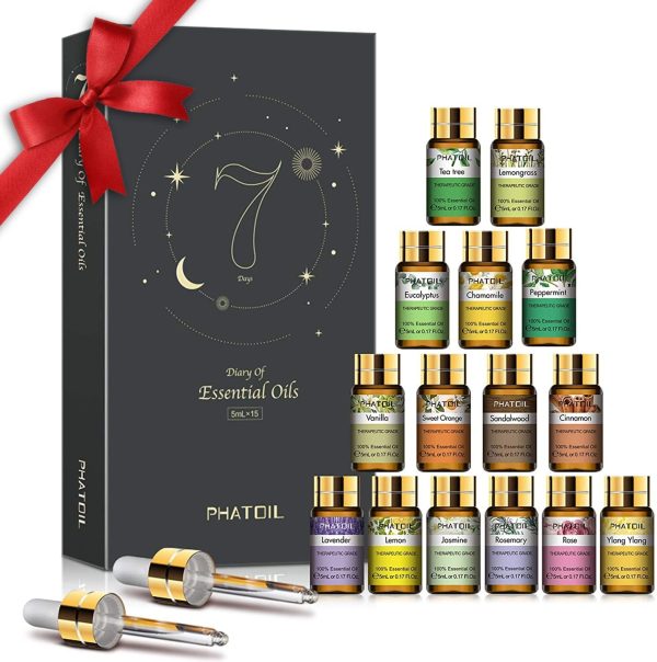 PHATOIL Set di Oli Essenziali 15Pcs Lavanda, Eucalipto, Gelsomino, Citronella, Arancia Dolce, Legno di Sandalo, Menta Piperita, Vaniglia, Rosa, Limone, Ylang, Camomilla, Melaleuca, Cannella - immagine 2