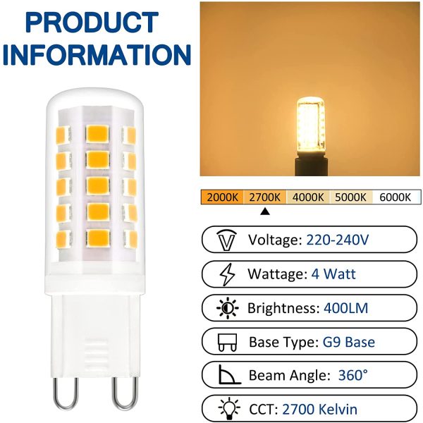 Lampadina G9 LED 4W Luce Calda 2700K, 400LM, AC 230V, G9 40W Alogena Equivalente, Non-dimmerabile, Lampadine LED Attacco G9 Calda per Applique da Specchio, Lampada da Tavolo, set di 6 - immagine 2