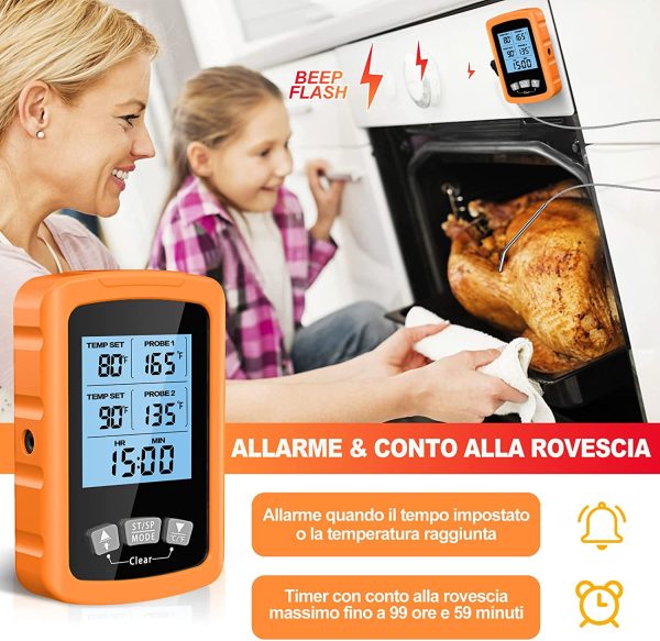 Termometro Cucina, Doppia Sonda Lunga da 6.4" Termometro Barbecue a Lettura Istantanea, Impermeabile Termometro Carne con Controluce LCD e Timer Cucina, per Forno Grigliare Caramelle Latte - immagine 7