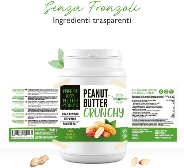 Peanut Butter Crunchy - 1kg di burro di arachidi naturale senza additivi - 30% di proteine - burro di arachidi senza aggiunta di sale, olio o grasso di palma - vegan - immagine 7