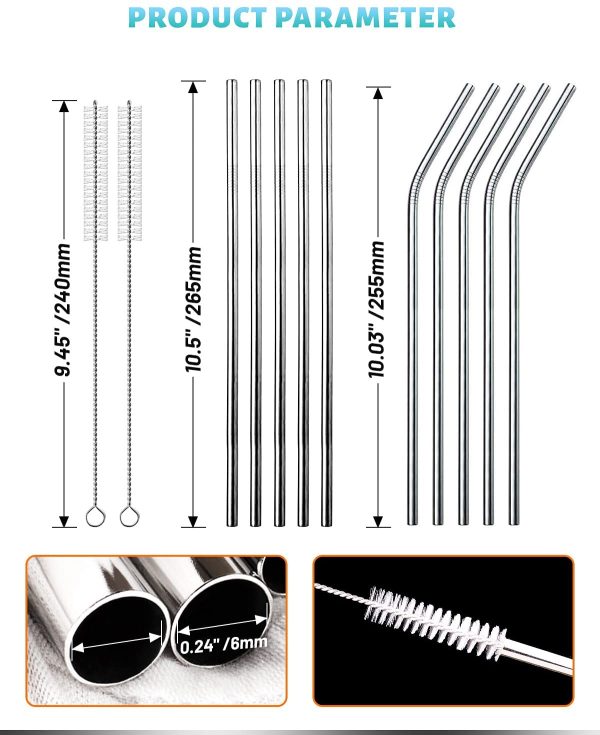 Cannucce Metallo Cannucce Riutilizzabili 10,5"In Inossidabile Ultra Lungo Con Spazzola Di Pulizia Per Bicchieri Da 20/30 Oz tazza(5 Dritti, 5 curvi, 2 Spazzola) - immagine 3