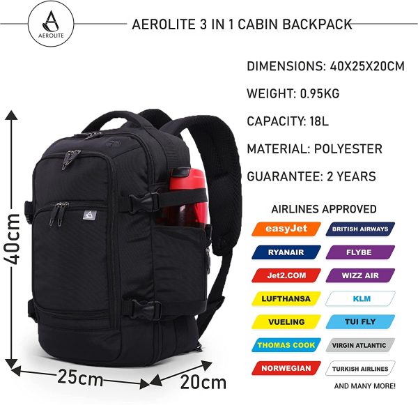 Aerolite 40x20x25cm Dimensioni Ryanair Bagaglio A Mano Valigia a Mano Bagaglio da Cabina/Borsa a Tracolla/Zaino da Viaggio 40x20x25, Nero