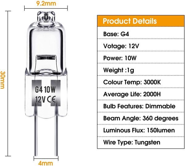 Lampadine G4, Lampadina Alogena G4 12V, 10W G4 Lampadina Cappa Cucina, Dimmerabile, Bianco Caldo 3000K, per Camera da Letto, Mobiletto del Bagno, Soggiorno e sala da Pranzo, 10 Pezzi - immagine 3