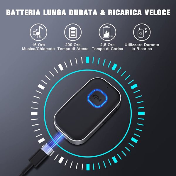 Ricevitore Bluetooth 5.0, Cancellazione del Rumore Adattatore Aux Bluetooth, Bluetooth Auto Aux per Stereo Casa, Cuffie Cablate, Chiamate in Vivavoce (16 Ore di Riproduzione/Dual Link)