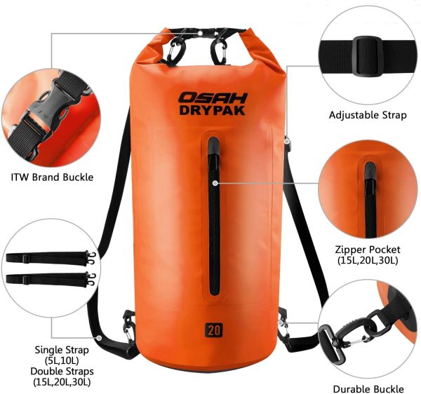 Borse Impermeabile Sacca Dry Bag 5L 10L 15L 20L 30L con Tracolla Regolabile per Spiaggia Sport d'Acqua Trekking Kayak Canoa Pesca Rafting Nuoto Campeggio (Arancione, 5L) - immagine 2