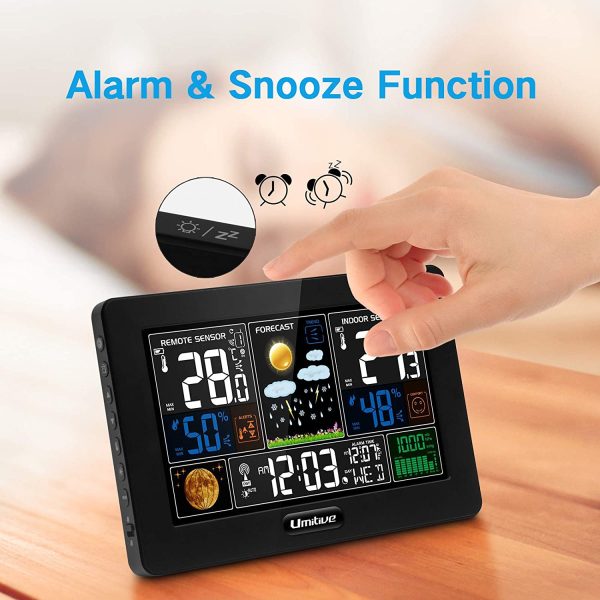 Umitive Stazione Meteo con 3 Sensore Esterno Interno, Meteorologica Display a Colori con Allarme, Temperatura, umidit??, Data, Barometrico, Previsioni di Tempo, Sveglia e Fase Lunare - immagine 9