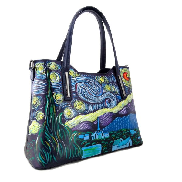 Borsa dipinta a mano ?C LA NOTTE STELLATA DI VAN GOGH - Borse Donna, Tracolla regolabile, Vera Pelle, Made in Italy, in Pelle Dipinta, Borsa a Tracolla a spalla, Lavorazione Artigianale