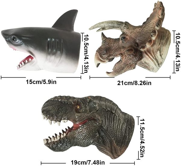 Burattino a mano, 3 pezzi di pupazzi di squalo dinosauro, giocattoli realistici di tirannosauro rex in gomma morbida, guanto con testa di animale giocattolo, regalo per bambini, neonati