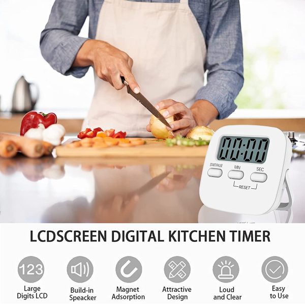 NIAGUOJI - Timer da cucina digitale con grande schermo LCD, timer magnetico con sveglia forte e conto alla rovescia (bianco) - immagine 4