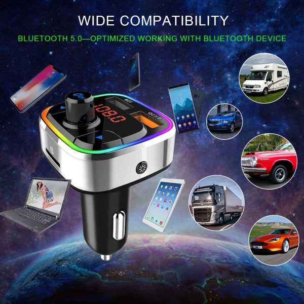 Bluetooth 5.0 Car FM Trasmettitore,Adattatore Audio Radio Auto Wireless Kit Auto Mani libere con QC3.0 & 5V/2.4A USB Car Charger,Retroilluminato Colorata,Supporto Lettore Musicale MP3 TF Card/U Disk - immagine 5