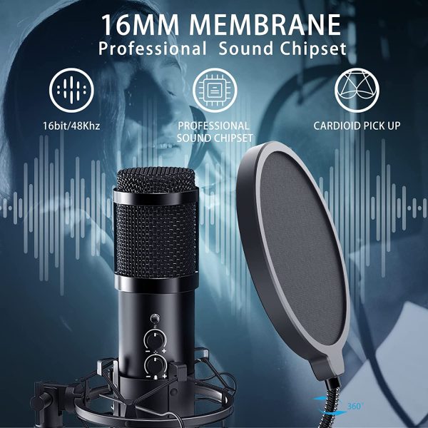 Microfono a Condensatore, Microfono Cardioid per Podcasting, Voice Over, Streaming, YouTube, per Computer Desktop Laptop MAC o Windows per Android iOS, USB Microfono di Registrazione a Condensatore - immagine 3