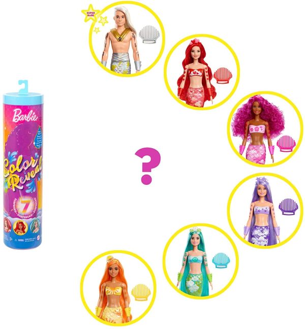 Barbie Sirena Color Reveal - Bambola Sirena Arcobaleno - Copertura Blu Metallizzata - Effetto Cambia Colore - 7 Sorprese - Regalo per Bambini 3+ Anni - immagine 5