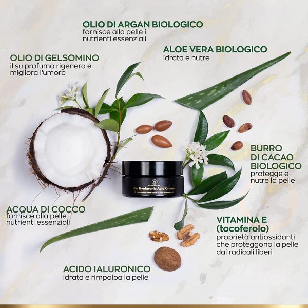 Crema Viso Antirughe BIO Acido Ialuronico Puro - 2 VOLTE PI?? GRANDE (100ml) - Illuminante Viso Vegano - Crema Idratante Notte - Contorno Occhi con Aloe Vera - Made in Germany - immagine 5