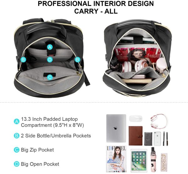 Zaino Donna Porta PC 15,6 Pollici, Impermeabile Zaino per Laptop con Caricatore USB, Nero Zaino Computer per Universit?? Viaggi Lavoro Scuola Ufficio - immagine 2