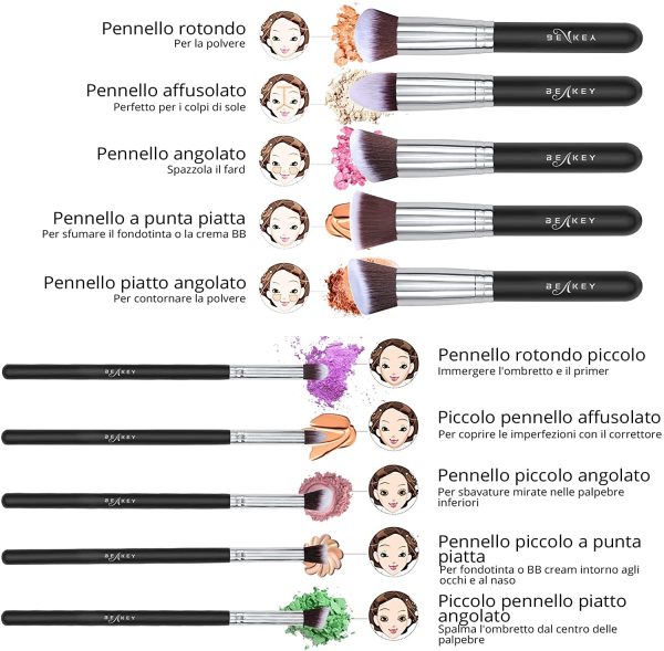 Pennelli Make Up BEAKEY Premium Synthetic Set di Pennello da Trucco Fondazione Cipria Fard Ombretto Kit con Pennelli Trucco (10 + 2 Pezzi Nero/Argento) - immagine 6