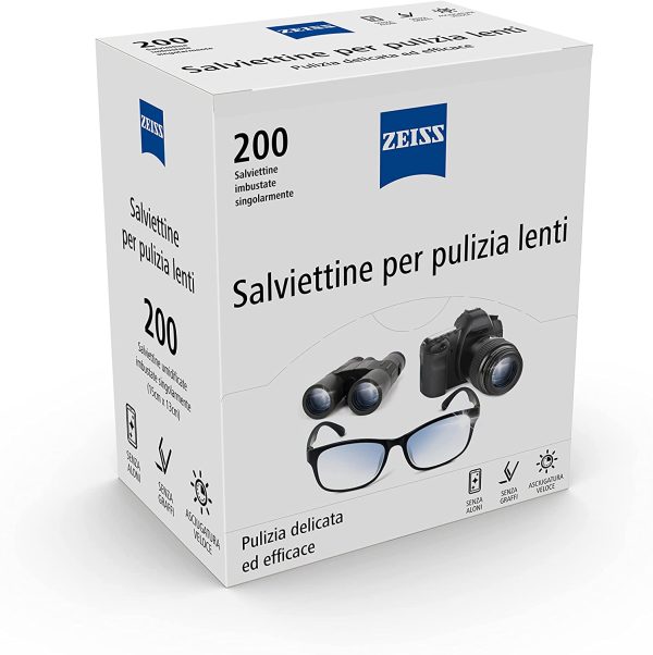 ZEISS Salviettine per Lenti Monouso - per Tutti i Tipi di Lenti, per Occhiali, Fotocamere e Smartphone, Senza Graffi e Aloni, Asciugatura Veloce, 200 Pezzi Confezionati Singolarmente