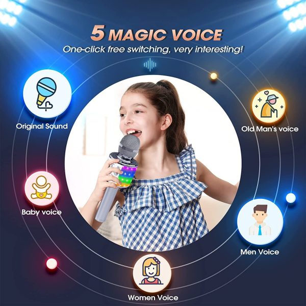 Microfono Karaoke Bluetooth, Bambini Portatile Karaoke con LED Altoparlante Cambia Voce, Microfoni Wireless Karaoke per Cantare KTV Esterno Festa, Ragazze Giochi di Famiglia Giocattolo Regalo