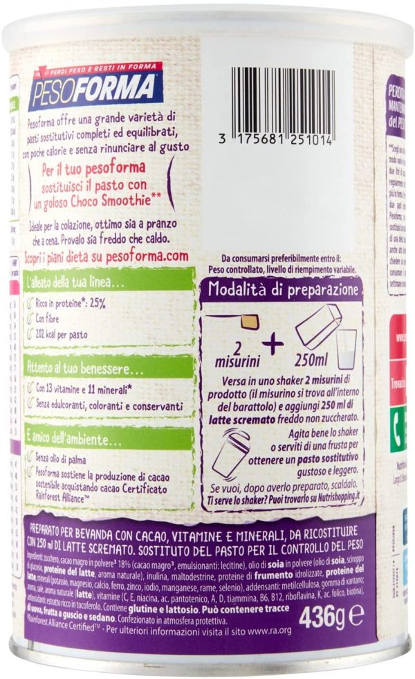 Pesoforma Choco Smoothie, Pasto Sostitutivo per la perdita e controllo del peso, 16 pasti, 202 Kcal a pasto - immagine 2