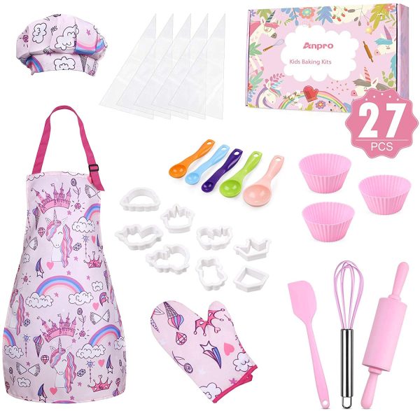 Anpro 27 Pezzi Set da Cucina per Bambini, Unicorno Set di Chef Gioco di Utensili Bambini da Accessori, Cuoco Cappello Utensili da Cucina Mitt, Ideale Regalo di Compleanno e Natale, 3-7 Anni ??