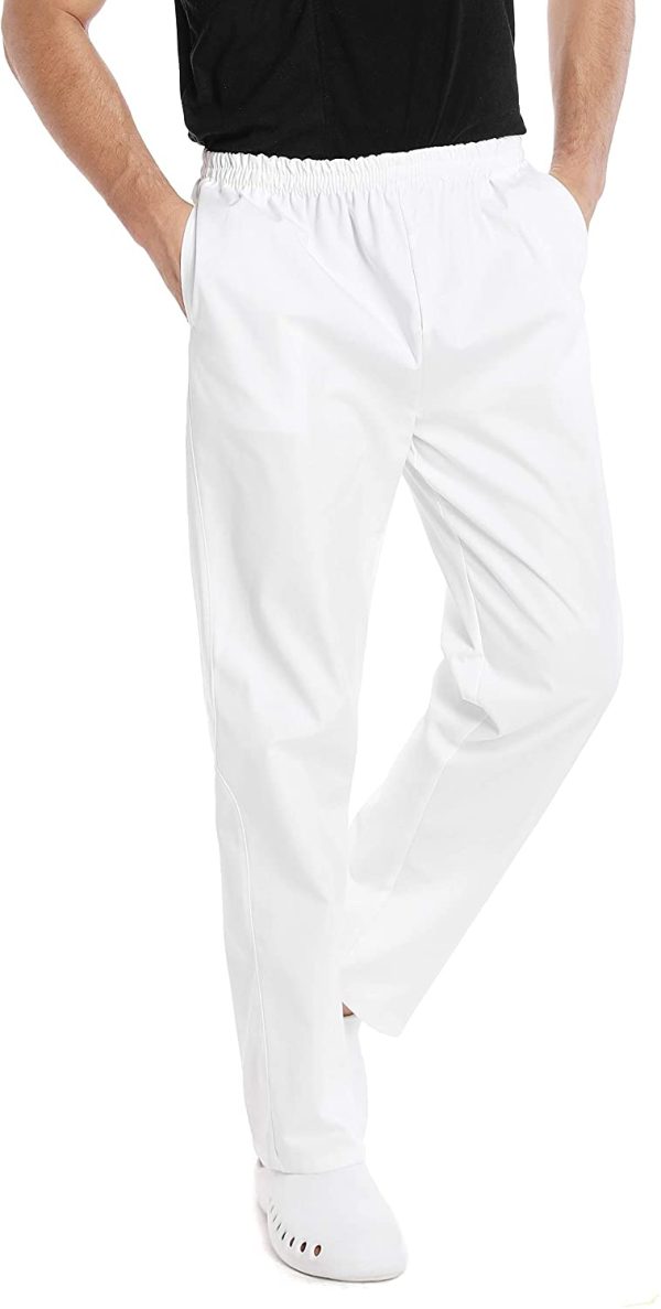 WWOO Uomo Pantalone da Lavoro Bianco Puro Cotone Pantaloni Pantaloni da Infermiere Opaco pantalaccio con Elastico - immagine 7