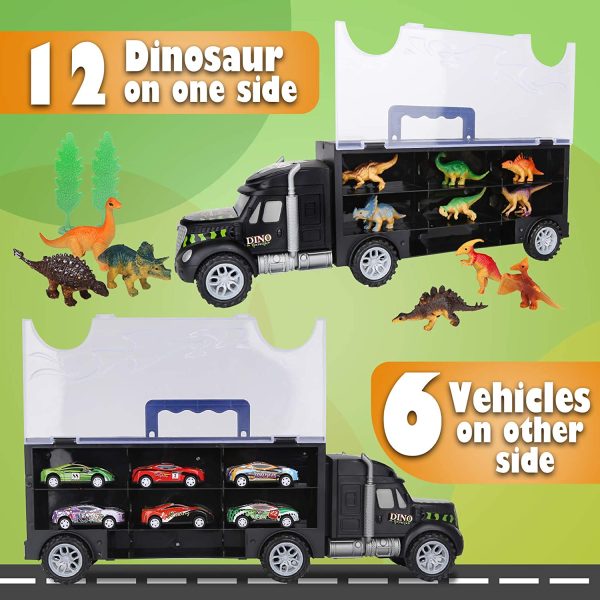 Vanplay Bisarca Giocattolo Camion Giocattolo includere Uova Dinosaur e Dinosauri Giocattoli , Mini Auto da Corsa, Tappetto Gioco, Segnali Stradali per Bambini 37 Pezzi - immagine 6