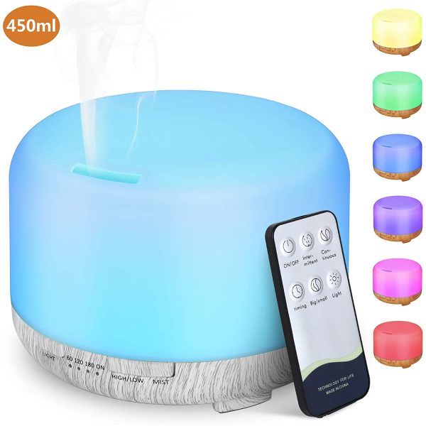 Diffusore di Oli Essenziali 450 ml, Umidificatore Ultrasuoni Diffusore di Oli Essenziali con 14 LED Colori per SPA,Yoga,Camera da Letto (Bianca) - immagine 2