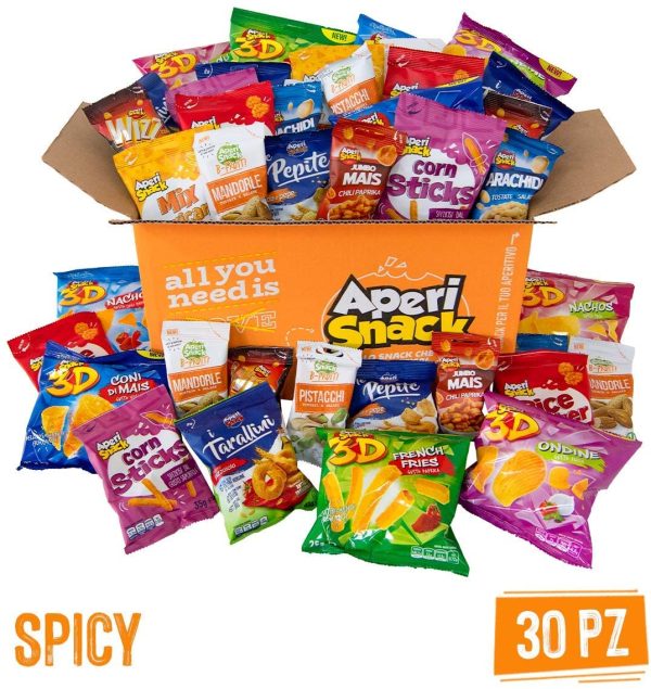 APERIBOX SPICY 30 - Snack Salati dal sapore piccante, sfiziosa box per un aperitivo fai da te con ampia variet?? di snack tra patatine, stuzzichini e frutta secca, Ottima idea regalo