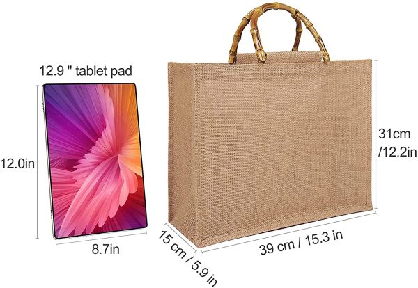 Borsa per la Spesa Portatile, Borsa Juta Naturale Impermiabile, Borsa in Juta Naturale con Manico in Bamb??, Borsa da Donna da Rivestire Riutilizzabile, Perfetto per shopping, picnic, regali, etc - immagine 6