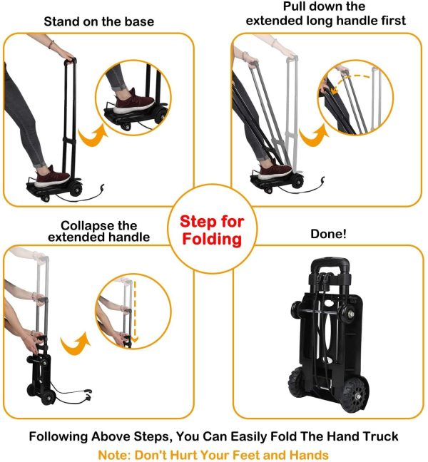 Carrello a mano pieghevole, 70 Kg/155 lbs Carrello portautensili solido a 4 ruote per impieghi gravosi Compatto e leggero per bagagli,da viaggio,auto,movimento e ufficio-Carrello pieghevole portatile - immagine 7