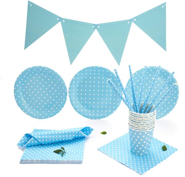 Set di stoviglie monouso in Cartone per Feste di Compleanno, Baby Shower, Feste per 30 Persone. Include Ghirlanda, tovaglioli, Tazze, Piatti e cannucce di Carta e Cartone Ecologico - immagine 7