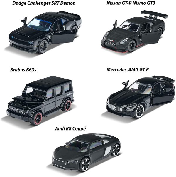 Majorette - Black Edition Giftpack, 212053174, + 3 Anni, 5 Veicoli Inclusi: Audi R8, Brabus B63, Nissan Gt3 Nismo Gtr, Dodge Demon, Mercedes-Amg Gtr, con Parti Apribili, Nero, Scala 1:64 - immagine 3